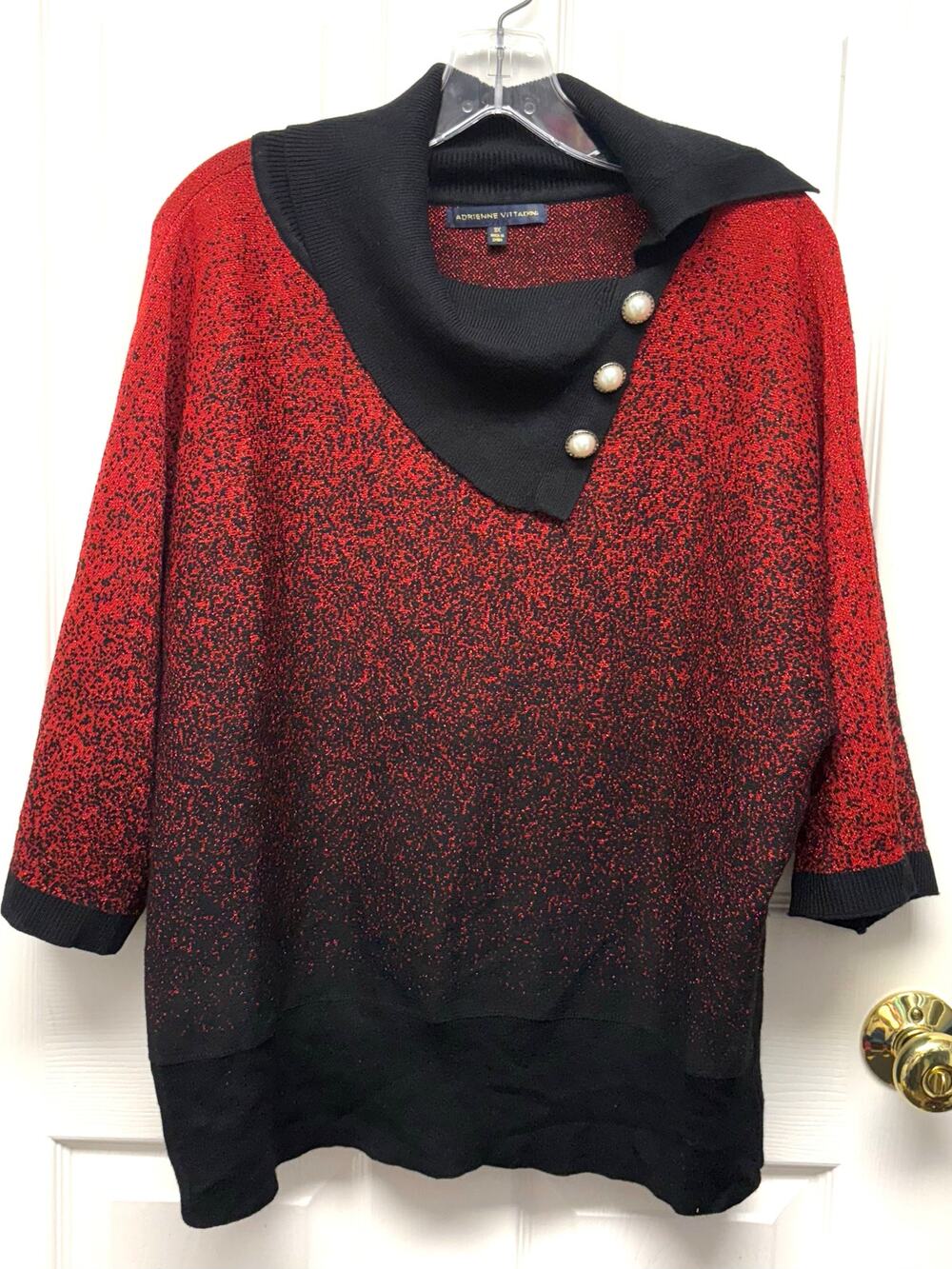 Adrienne Vittadini Sweater 3X Red Black Metallic Knit Asymmetrical Collar